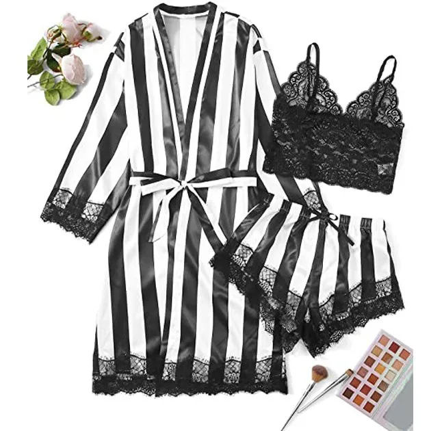 

3-Piece Pajamas Set Plus Size Sexy Lingerie Women Silk Robe Satin Bathrobe Sleepwear Lace Deep-V Pyjama Shorts пижама женская N*