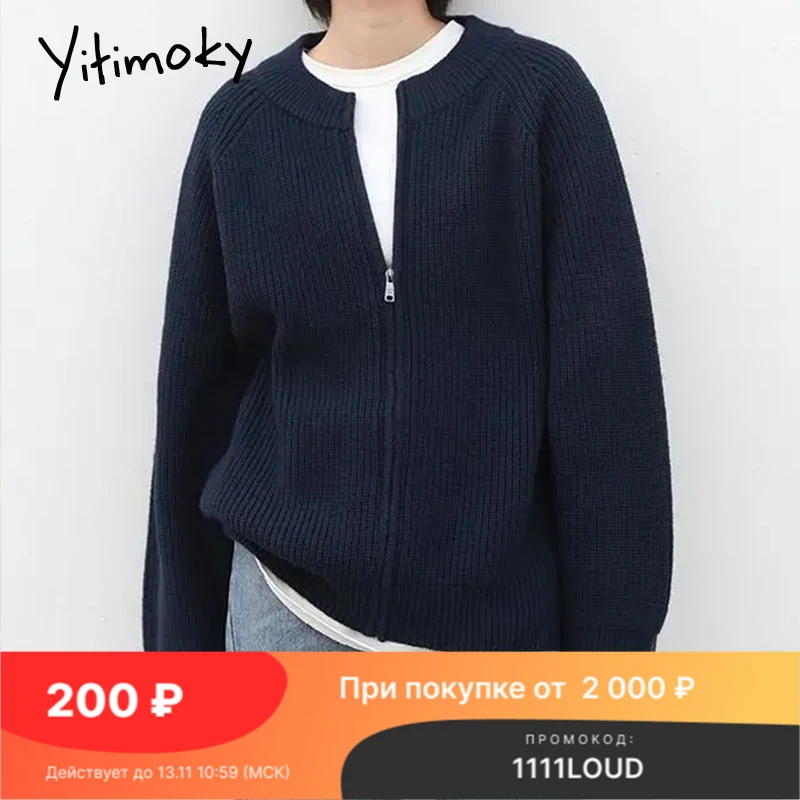 

Женский свободный свитер Yitimoky, повседневный трикотажный кардиган с круглым вырезом и длинным рукавом, на молнии, Осень-зима 2021