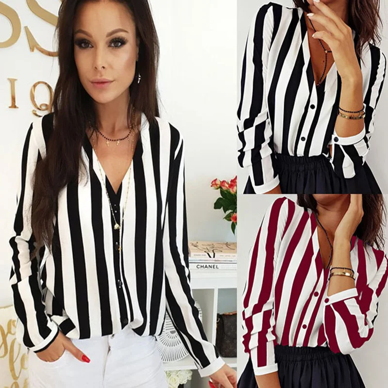 

2021 New Blouse Women Casual Striped Top Shirts Blouses Female Loose Blusas Autumn Fall Casual Ladies Office Blouses Top Sexy