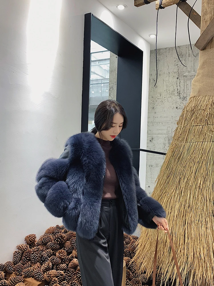 

55 cm Long Custom Real Fox Fur Transverse stripes patchwork leather coat outwear jacket winter Stand up Collar Women Leather