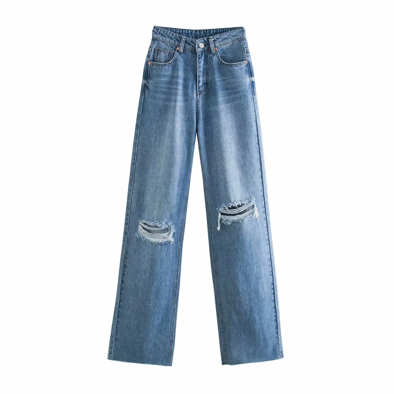 

MUICHES Casual Ripped Washed Jeans Woman Hight Waist Light-Colored Straight Jeans 2021 New Fashion Real Pocket