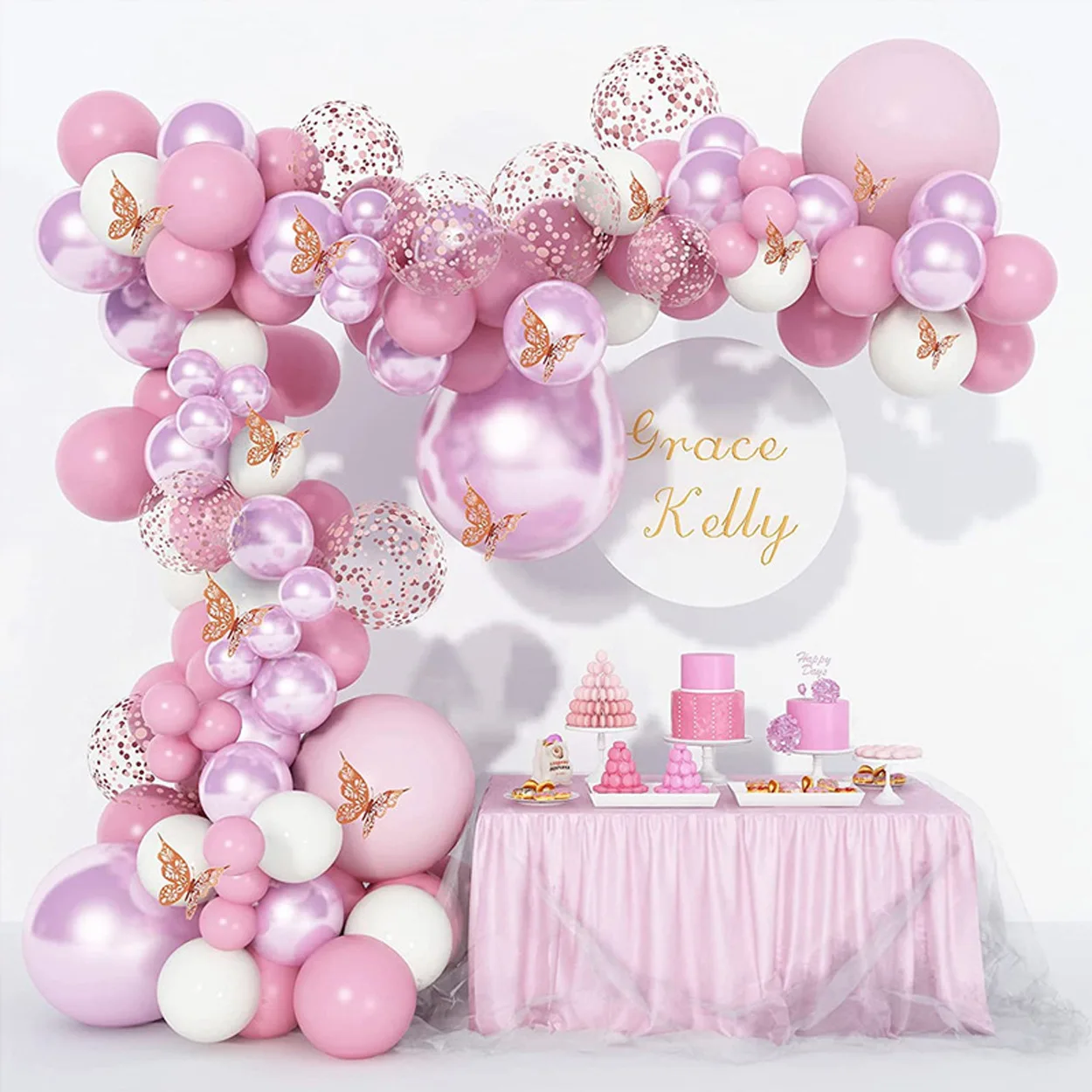

Butterfly Metallic Pink Macaron Balloon Arch Garland set Girls Birthday Party Decorations Background Wall