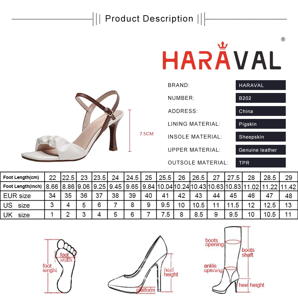 

HARAVAL Women Sandals Shoes Elegant Fashion High Heels Genuine Leatehr Party Buckle Strap Sewing Solid White Pigskin Shoes B202