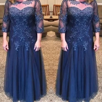dark navy blue mother of the bride dresses beaded appliques lace tulle floor length fomal evening gowns party women plus size
