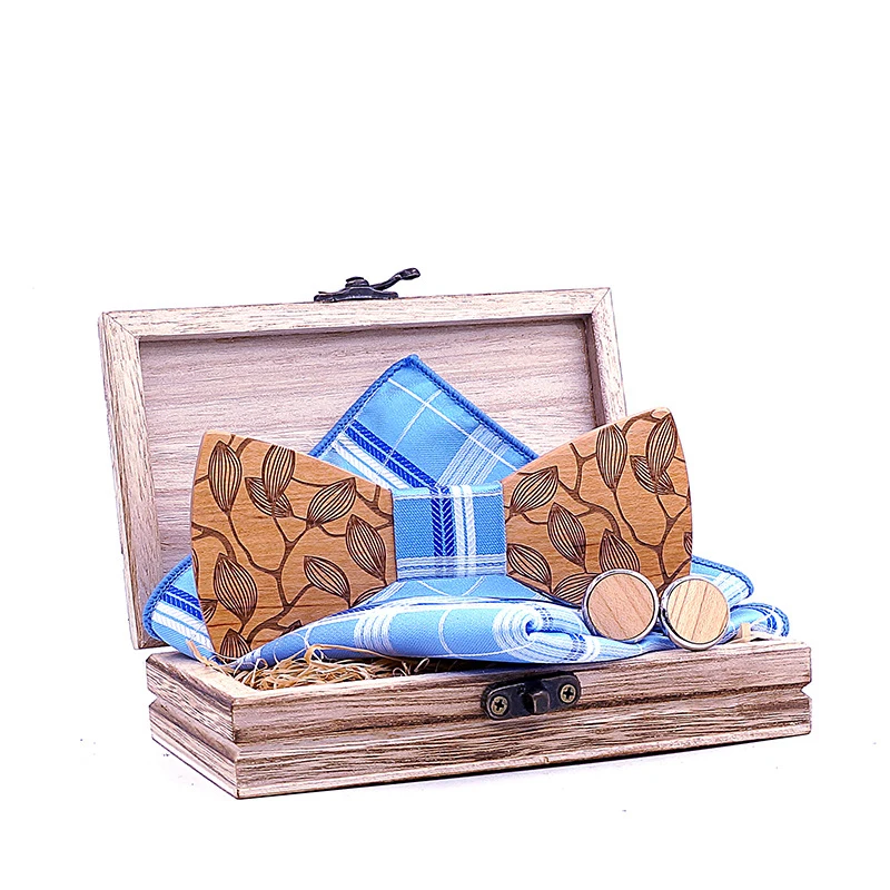 

2022 Hollow Wooden Bow Tie Handkerchief Cufflinks Set Men's Handmade Neck Ties for Wedding Suits Gifts Wood Bowtie