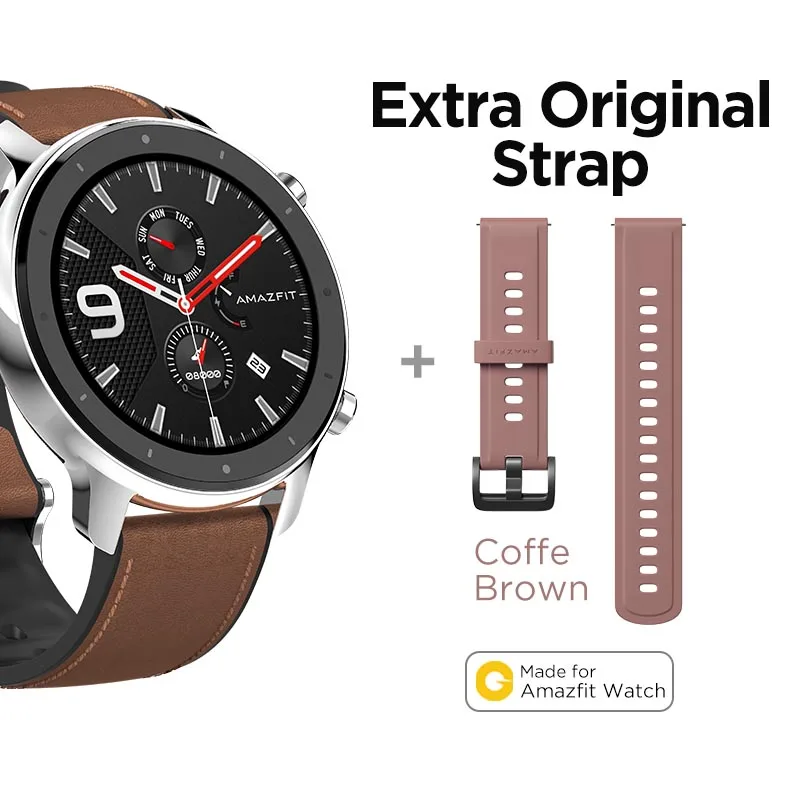 S-Extra Brown Strap Глобальная версия Amazfit GTR 47 мм Смарт-часы 5ATM водонепроницаемые Смарт-часы 24 дня батарея управление музыкой кожаный силиконовый ремешок - Цвет: S-Extra Brown Strap