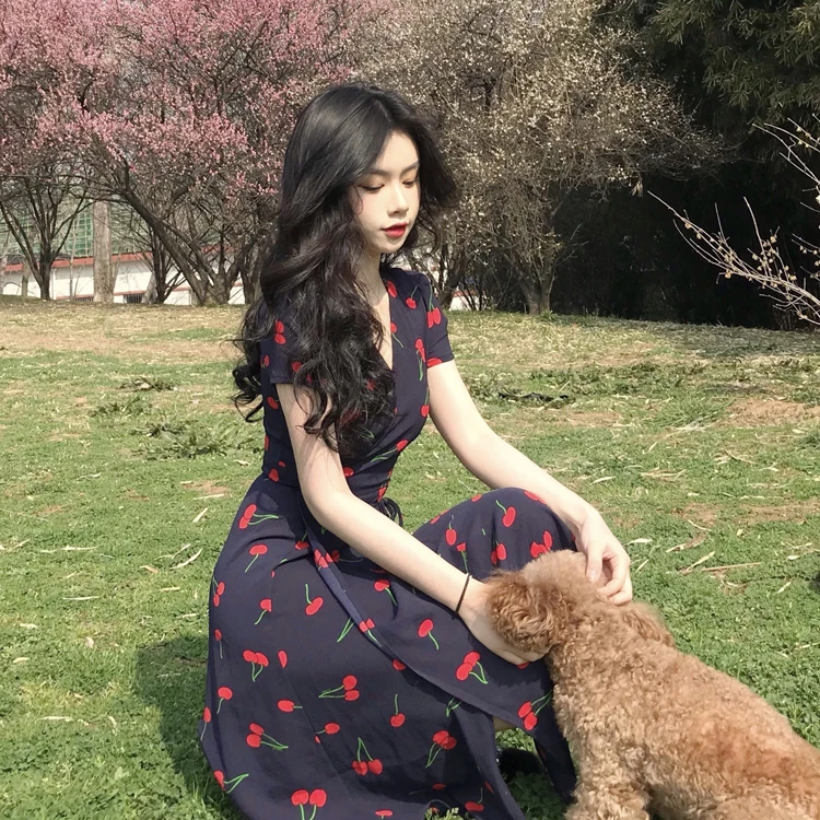 Размера плюс женское платье с вишневым принтом футболка короткими рукавами в