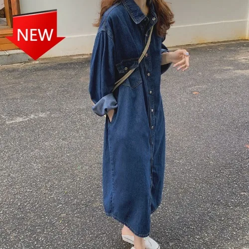 

Женское винтажное джинсовое платье, повседневное однобортное прямое платье с длинным рукавом, Свободное длинное осеннее платье в Корейско...