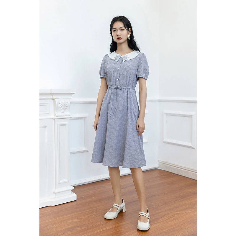 

INMAN Date Dress Short Sleeve Dobby Design Embroidery Turn Down Collar Adjustable Waist Elegant One-Piece
