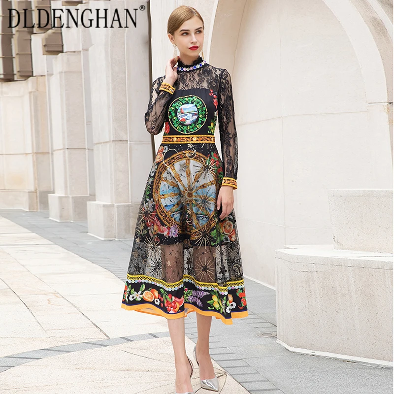 

DLDENGHAN Fashion Floral Print Dress Women's Stand Collar Lace Long Sleeve Beading Elegant Party Dresses Designer Autumn New