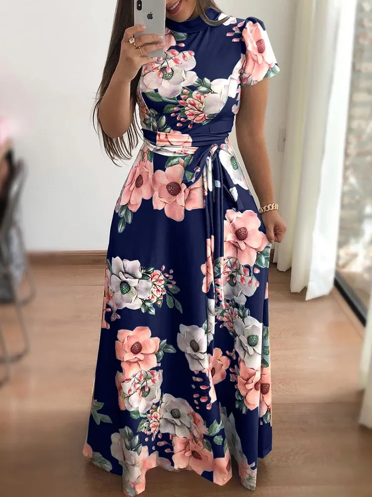 

Fashion Women's Printed Short Sleeve Long Skirt Ankle Skirt Evening Dress Banquet Women