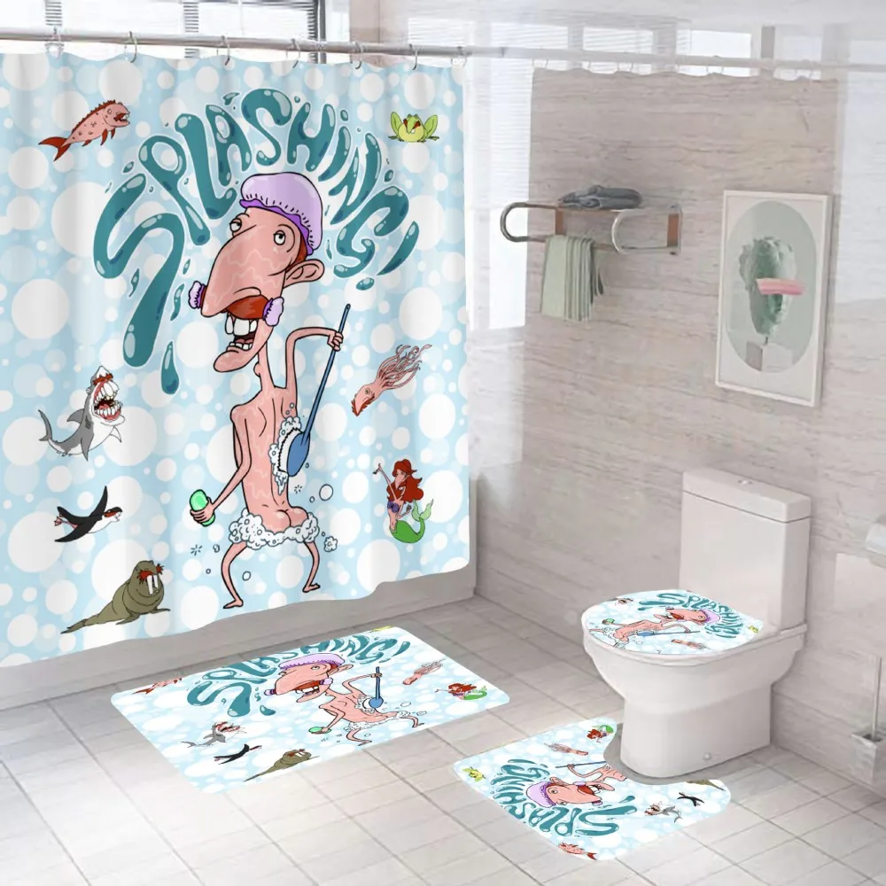 Cartoon Cute Lovely Bathing Animal Shower Curtain Set Toilet Cover Carpet Non-slip Bath Mat 4 Piece Pink Bathroom Set Decoration enlarge