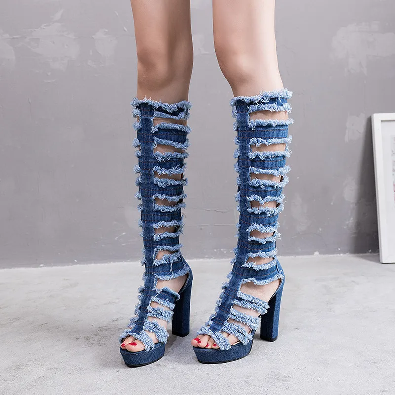 Женские джинсовые сапоги на высоком каблуке с открытым носком молнии|Сапоги до