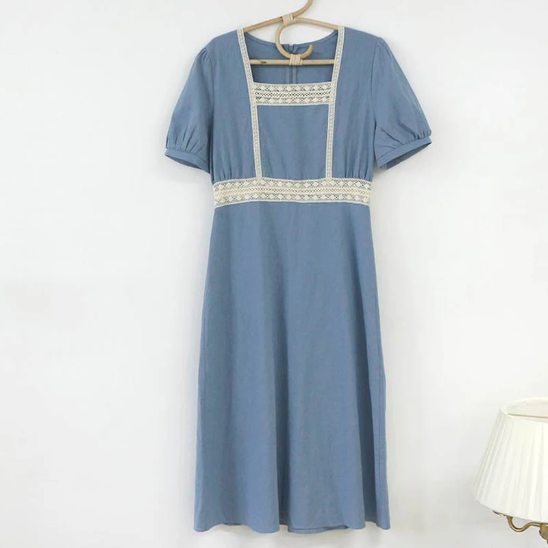 Женское винтажное платье макси из хлопка и льна однотонное средней длины с