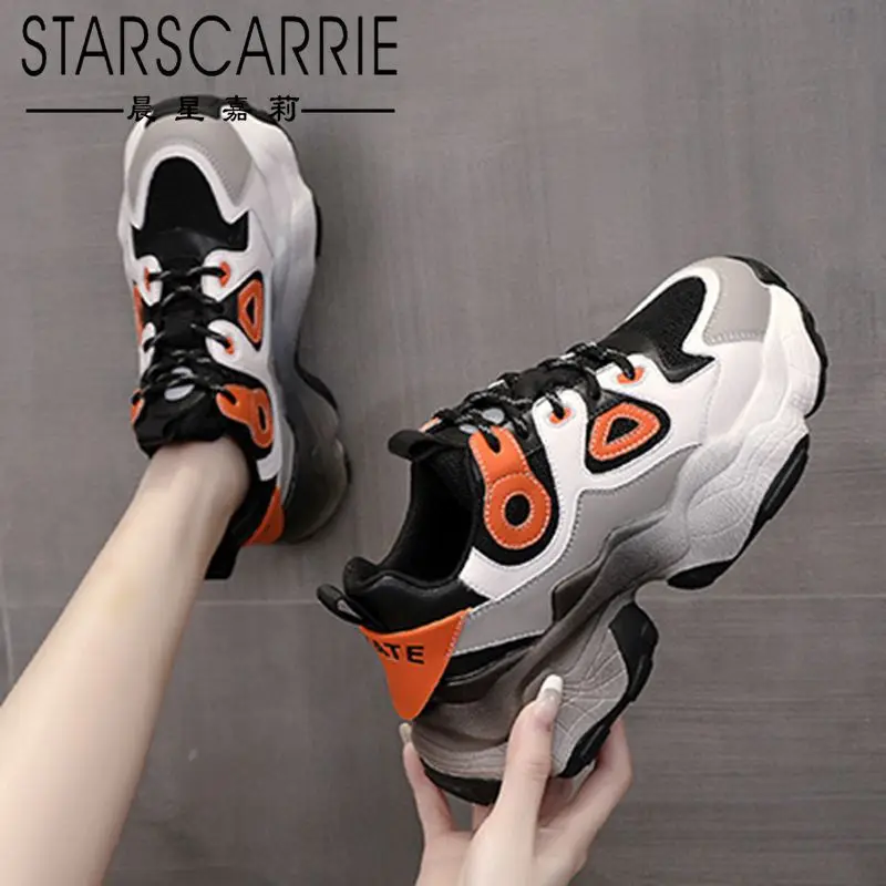 

Daddy shoes female 2021 autumn and winter new net red ins trend cowhide color matching thick-soled mesh sneakers