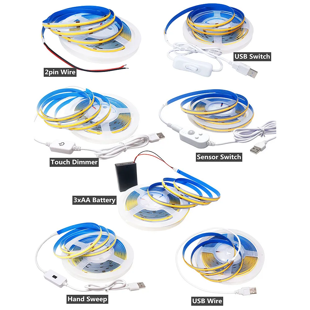 Светодиодная лента с COB матрицей лампа 2-контактным проводом USB аккумулятором