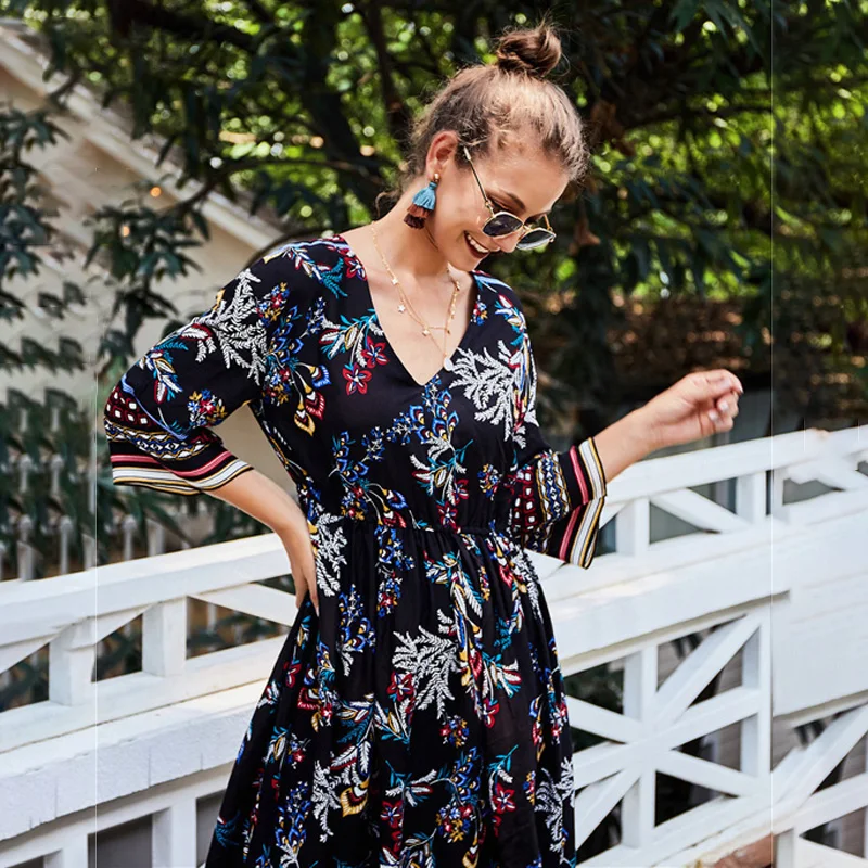 Женское платье Бохо модное Повседневное с v-образным вырезом и высокой талией