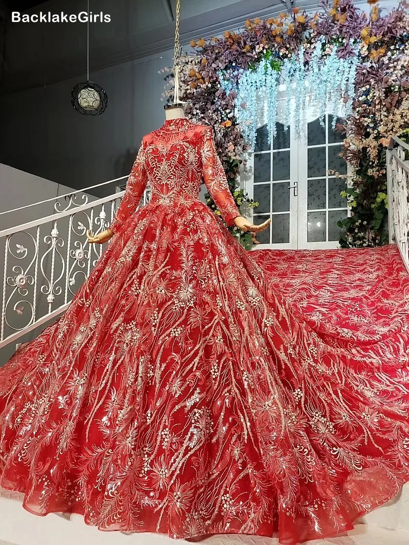 2020 Белое кружево из аппликаций красное свадебное платье Милая шея полный рукав