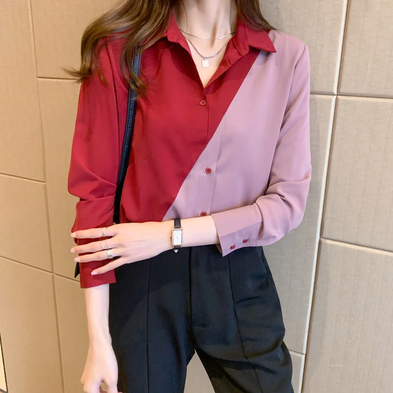 

2021 Spring Autumn Long Sleeve Patchwork Loose Blouses Female Tops Korean Style Elegant Blusas Plus Size Women Shirts