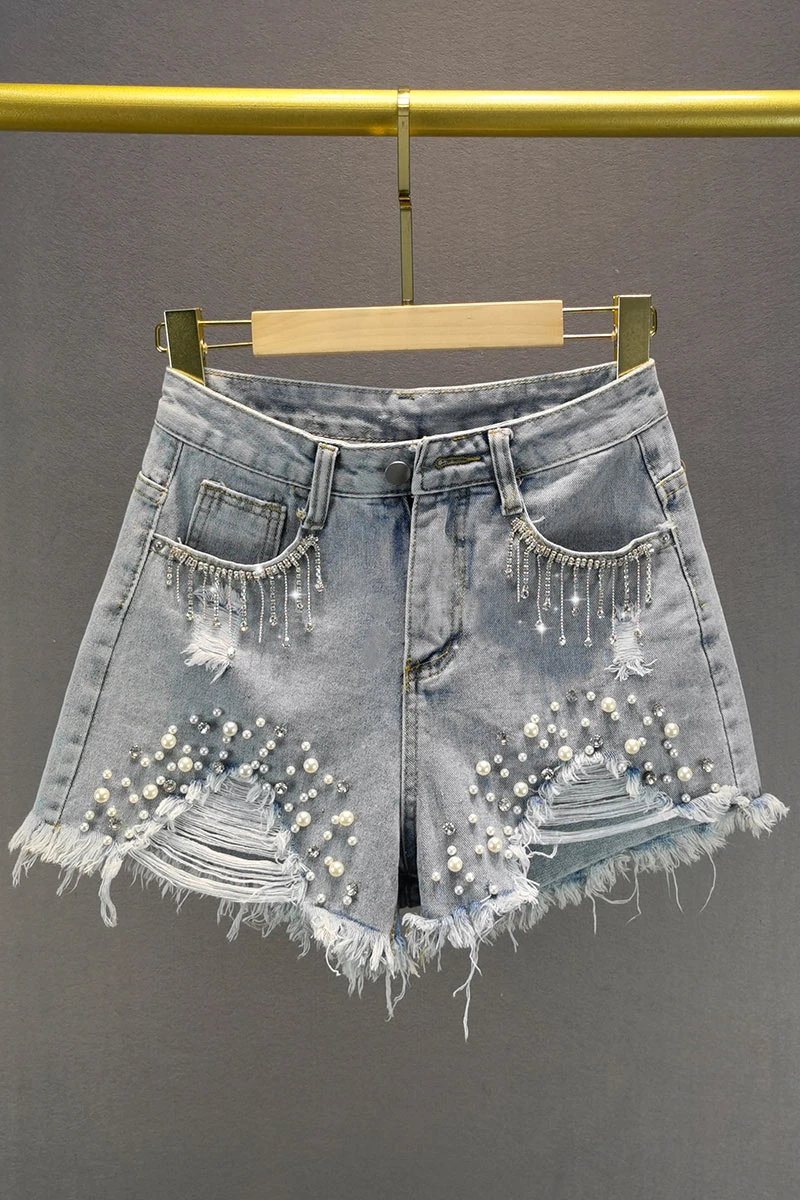 

Ripped Denim Shorts for Women 2021 Summer New High Waist Slimming European Station Beaded Rhinestone Fringed Wide-Leg Hot Pants