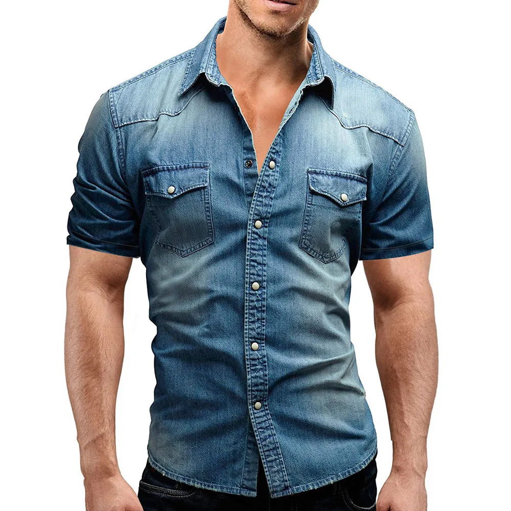 Camisas Masculina Men's Casual Slim Fit Button Shirt With Pocket Short Sleeve Tops Blouse Fashion Men Denim | Мужская одежда