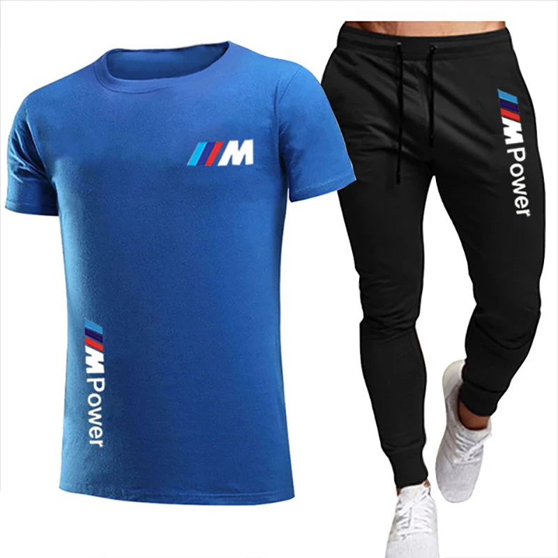 

2021New BMW M Men's Summer Leisure Sets T-Shirt+Pants Two Pieces Casual Tracksuit Male Sportswear Gym Brand Clothing Sweat Suit