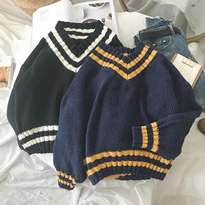 

Kintted Sweater Women Pullovers V-Neck Casual Sweaters Long Sleeve Sweet Loose Sweater Jumper Female