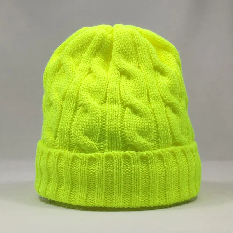 neon yellow Теплые зимние шапки с черепом, женские шапки с флисовой подкладкой, вязаные шапки, неоновые, желтые, белые, черные, красные, неоновые, оранжевые, модные цвета - Цвет: neon yellow