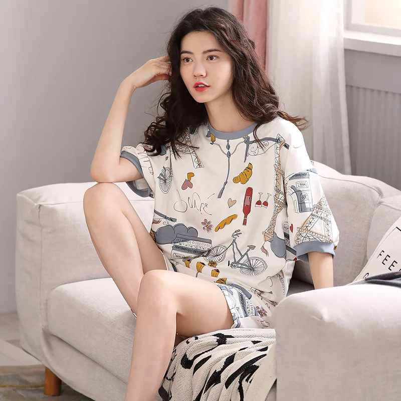 

Classic College Women's Pajamas Suit Round Neck Short Sleeve Tops Shorts Home Service Comfortable Cartoon Sleepwear Students