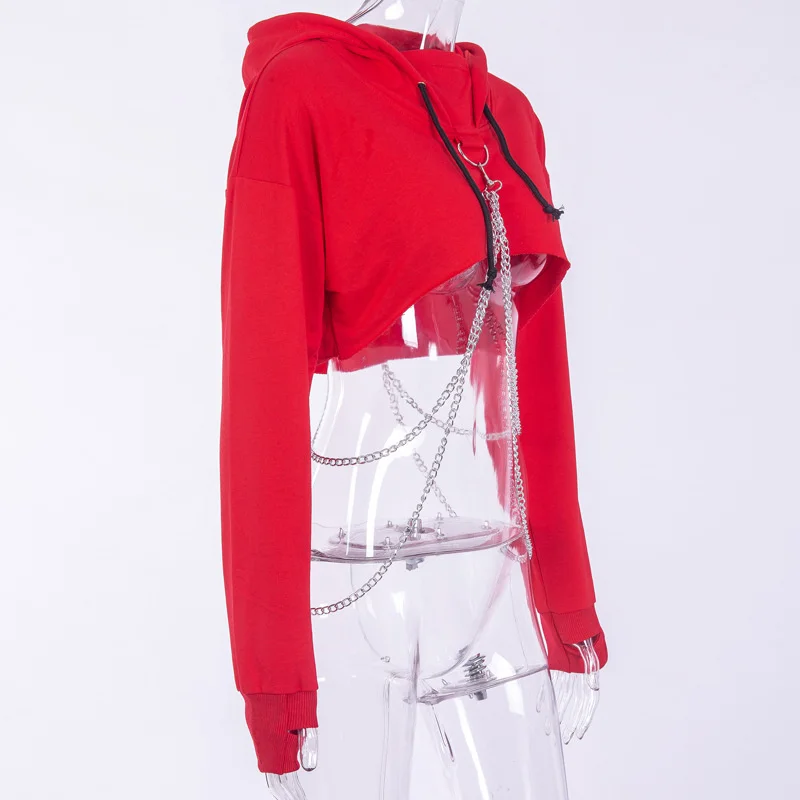 

Women Hooded Hoodies Gothic Crop Top Long Sleeve Punk Style Black Red Pullovers Chains Street Fashion Autumn Sweatshirts