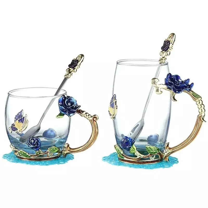 

350ml Enamel 3D Butterfly Rose Coffee Cup Heat-resistant Flower Tea Glass Cup Spoon Set Creative Drinking Glasses Wedding Gifts