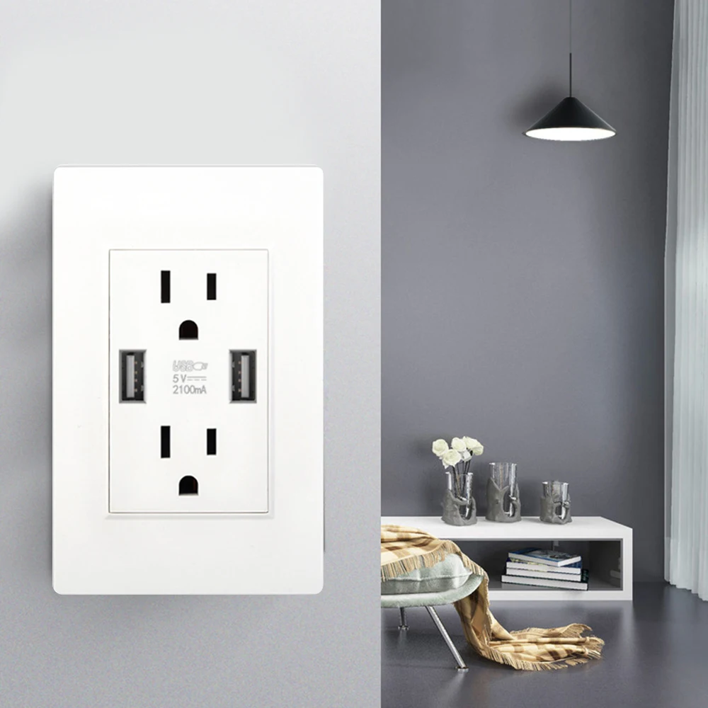 

5V 2.1A 118mm*76mm US Standard Dual Usb Wall Socket White PC Flame Retardant Panel Socket