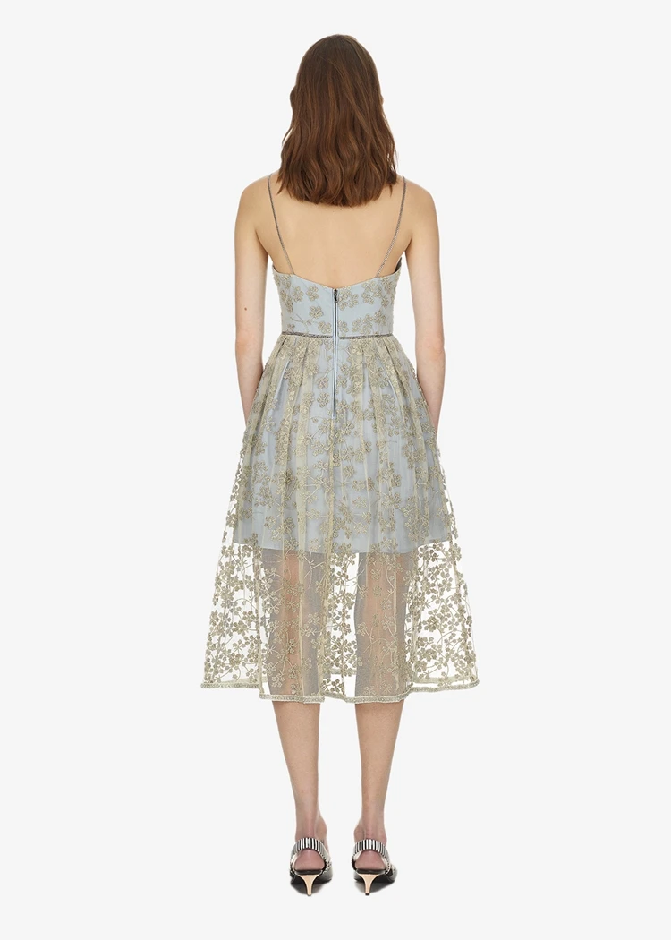

Self Portrait Backless Summer Dress 2021 Women Cute Mesh Flower Embroidery Beads Sleeveless V-Neck Mesh Dress Strap Dress