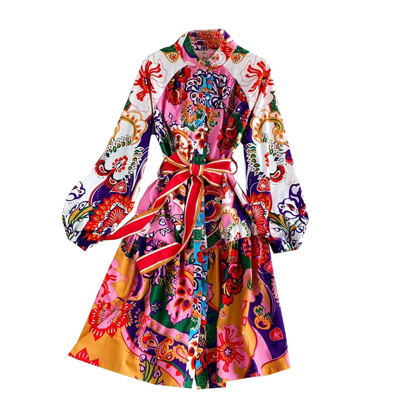 

Autumn New Style Light Mature Style Ladies Temperament Long-sleeved Floral Dress Retro Puff Sleeve Shirt Skirt Dress HK079