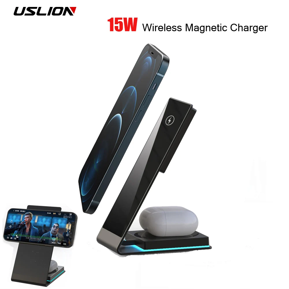 

USLION 2 in 1 15W Free spin Magnetic Desktop Bracket Wireless Charger For iPhone 12 Series Desktop Holder Stand Phone Holder