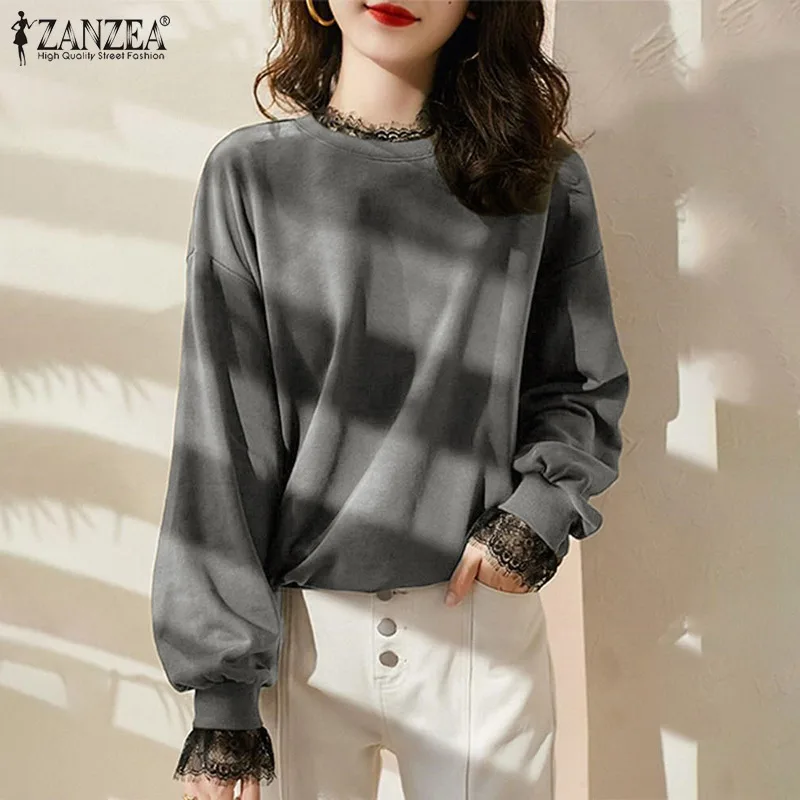 

Осенняя Женская кружевная блузка в стиле пэчворк ZANZEA, модная повседневная толстовка, женские топы, рабочая рубашка, корейский однотонный пу...