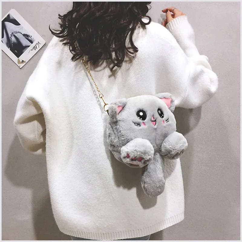 New Chain Crossbody Bag Women Cute Plush Cat Shoulder Female Casual Cartoon Zipper Soft Fake Fur Mini Messenger Bags XB50015 | Багаж и
