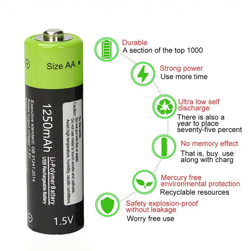 Znter 4 шт./компл. AA Аккумуляторная батарея 1 5 V 2A 1250mAh USB зарядка литиевая
