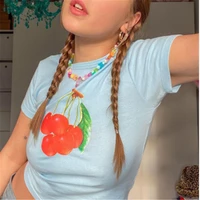 summer women short sleeve crop top young girls light blue fashion sweet cherry print slim fit t shirt exposed navel tees ins