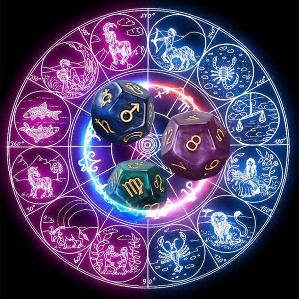 

Кубики для знаков зодиака, 3 шт./компл., 12-гранные, для созвездий, гадания, игрушки, развлечение настольная игра кубики, креативные