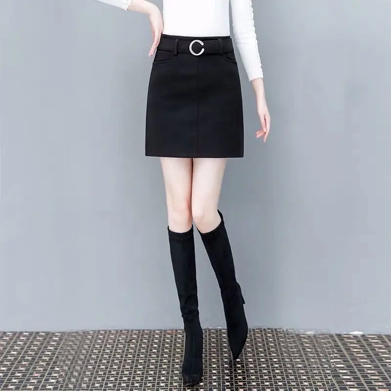 

2021 New Autumn Winter High Waist Hip Women Solid Color A-line Skirt Pocket Wild Outwear with Sashes Mujer Jupe Femme Y379