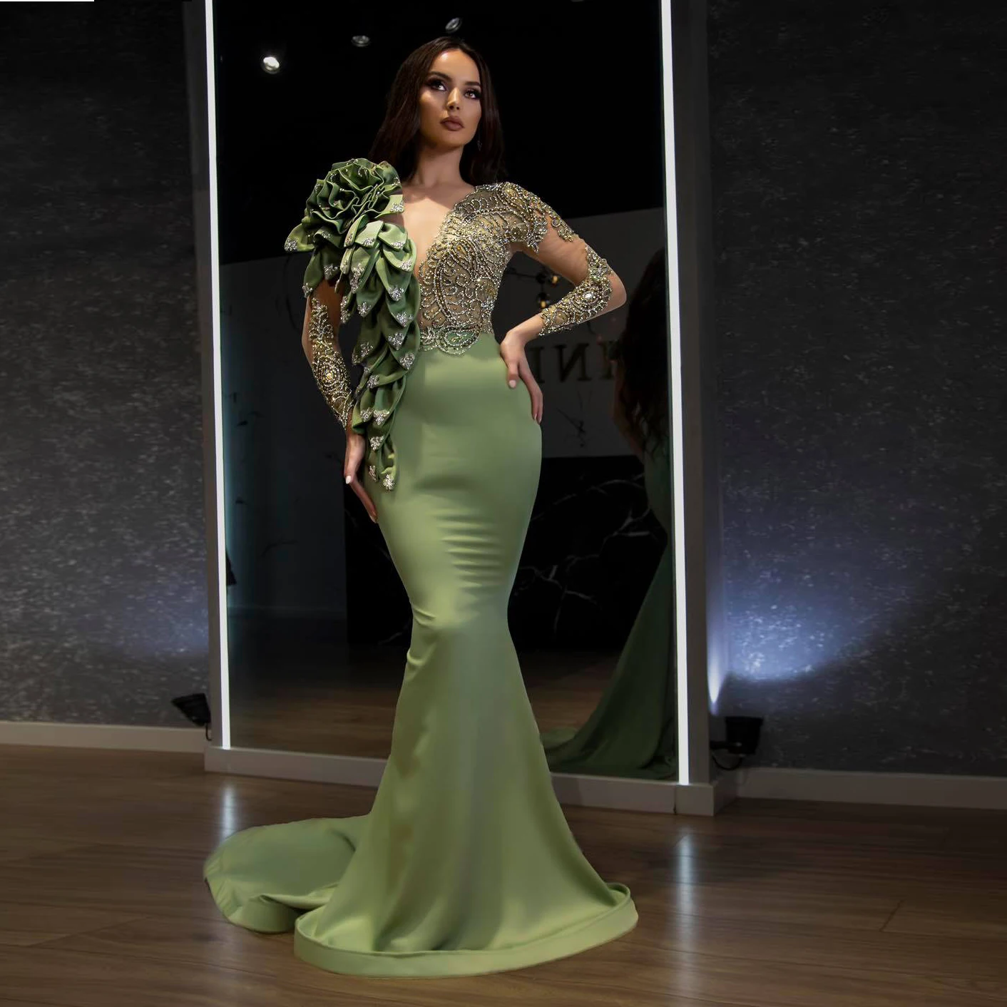 

2020 Trend Green Crystal Beaded Women Formal Outfits Full Sleeves 3D Flower Party Dresses Mermaid Long Prom Gowns