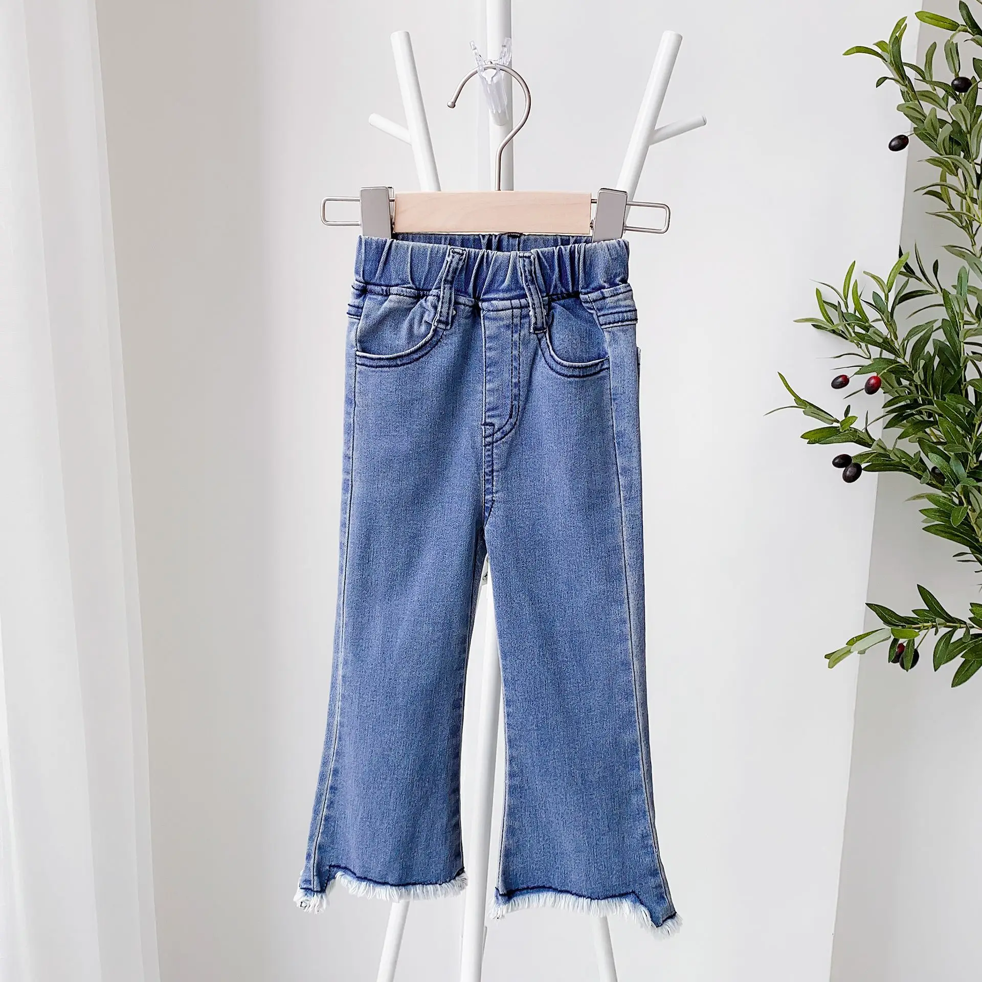 

New High-waist Eans Girls Spring Autumn Children's Sraight Nine-Quarter Pants Kids Frayed-Edge Trousers Girls Wide-leg Jeans