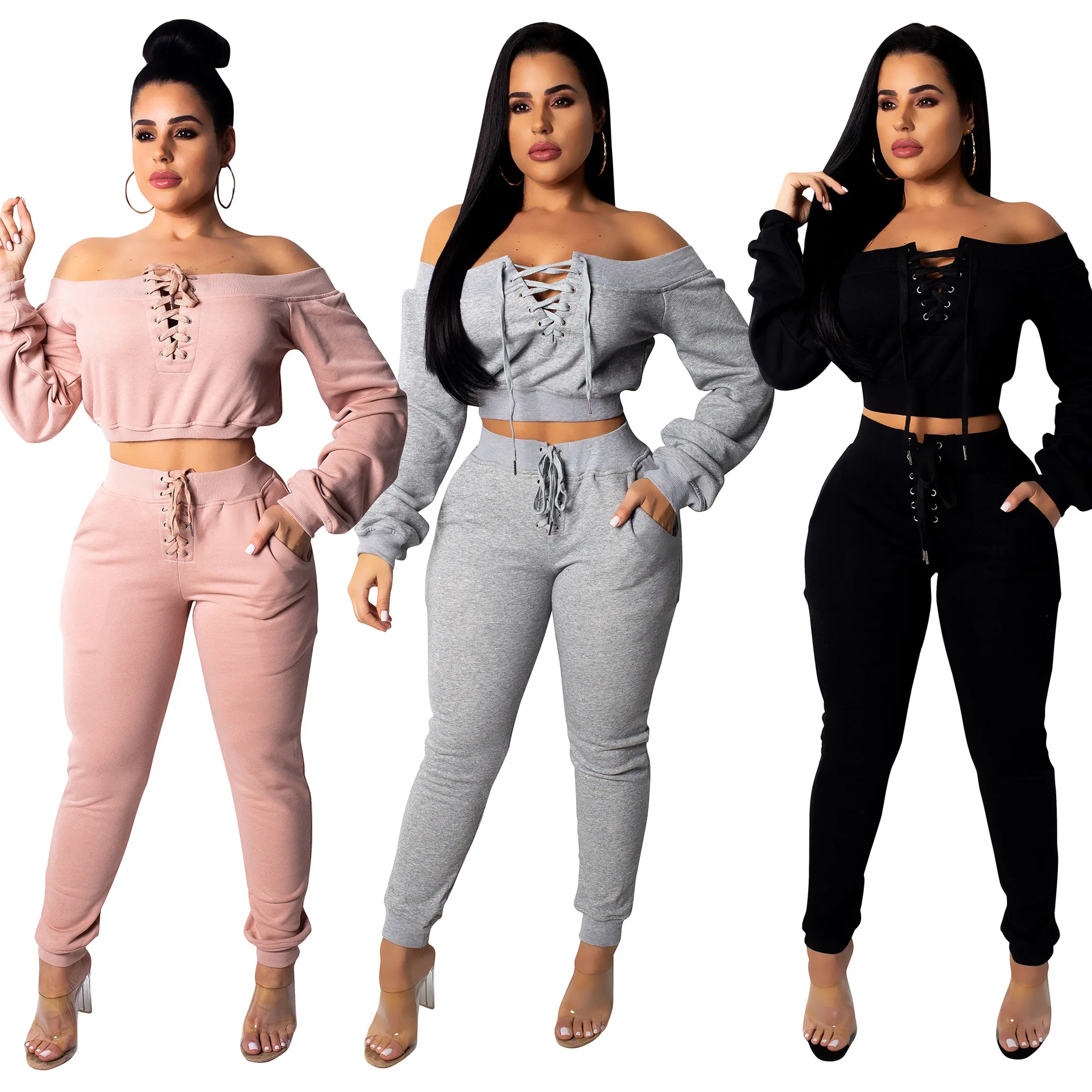 

Women Tracksuit Long Sleeve knitted Suit with Pant 2 Piece Pink Set Club Outfits Sexy Autumn Sports Suit Casual Matching Set