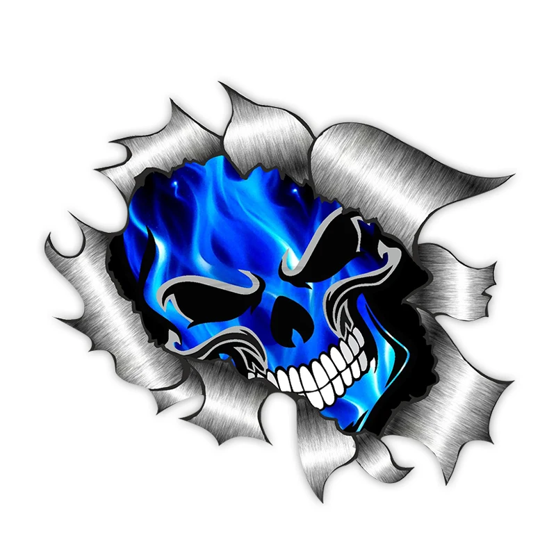 

Interesting Car Sticker Ripped Torn Metal 3D Skull Electric Blue Flames Car Window Accessories Decal Laser Waterproof PVC
