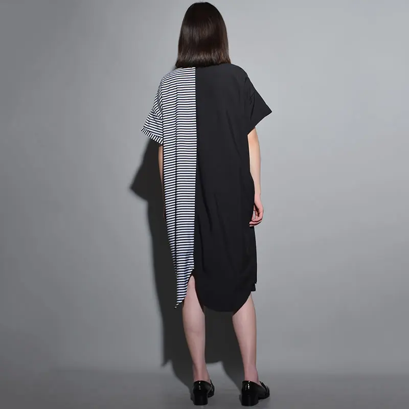 Женское асимметричное платье XITAO Черное длинное в полоску размера плюс с