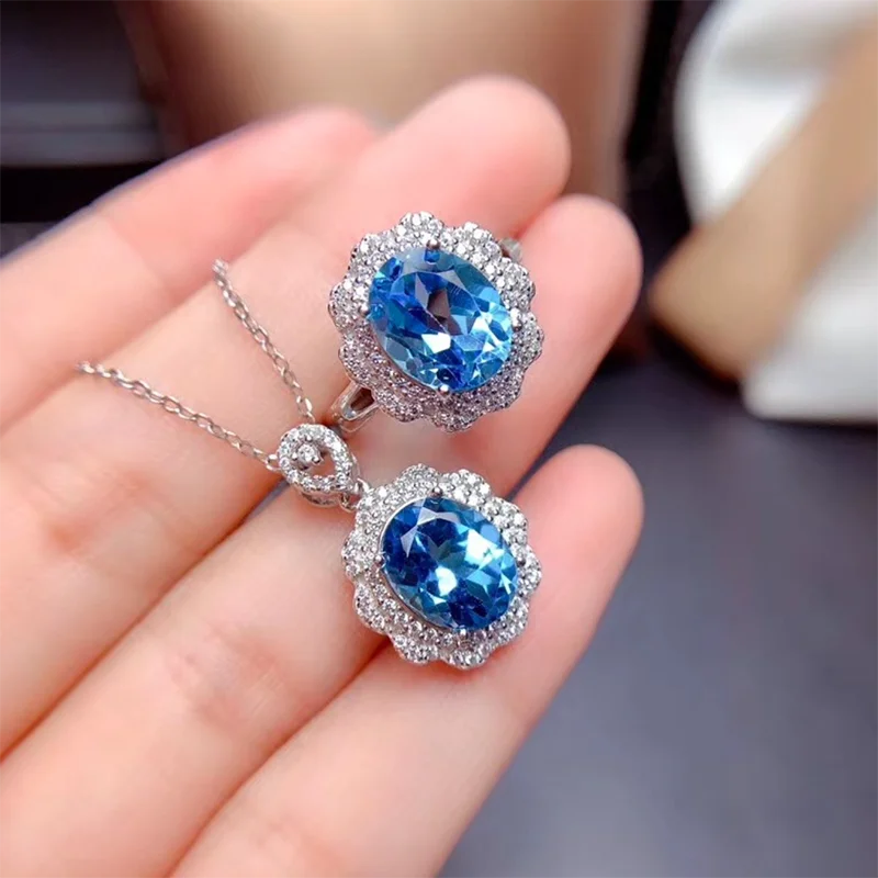 

YINHED Original 925 Solid Silver Bridal Engagement Jewelry Set Blue Crystal Wedding Necklace Pendant Ring for Women ZS060