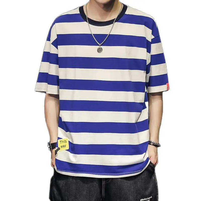 

Men's Short-Sleeve T-Shirt 2021 Summer New Striped Tees Male Japan Style Fashion Casual Loose Cotton Tops Harajuku Streetwear 26