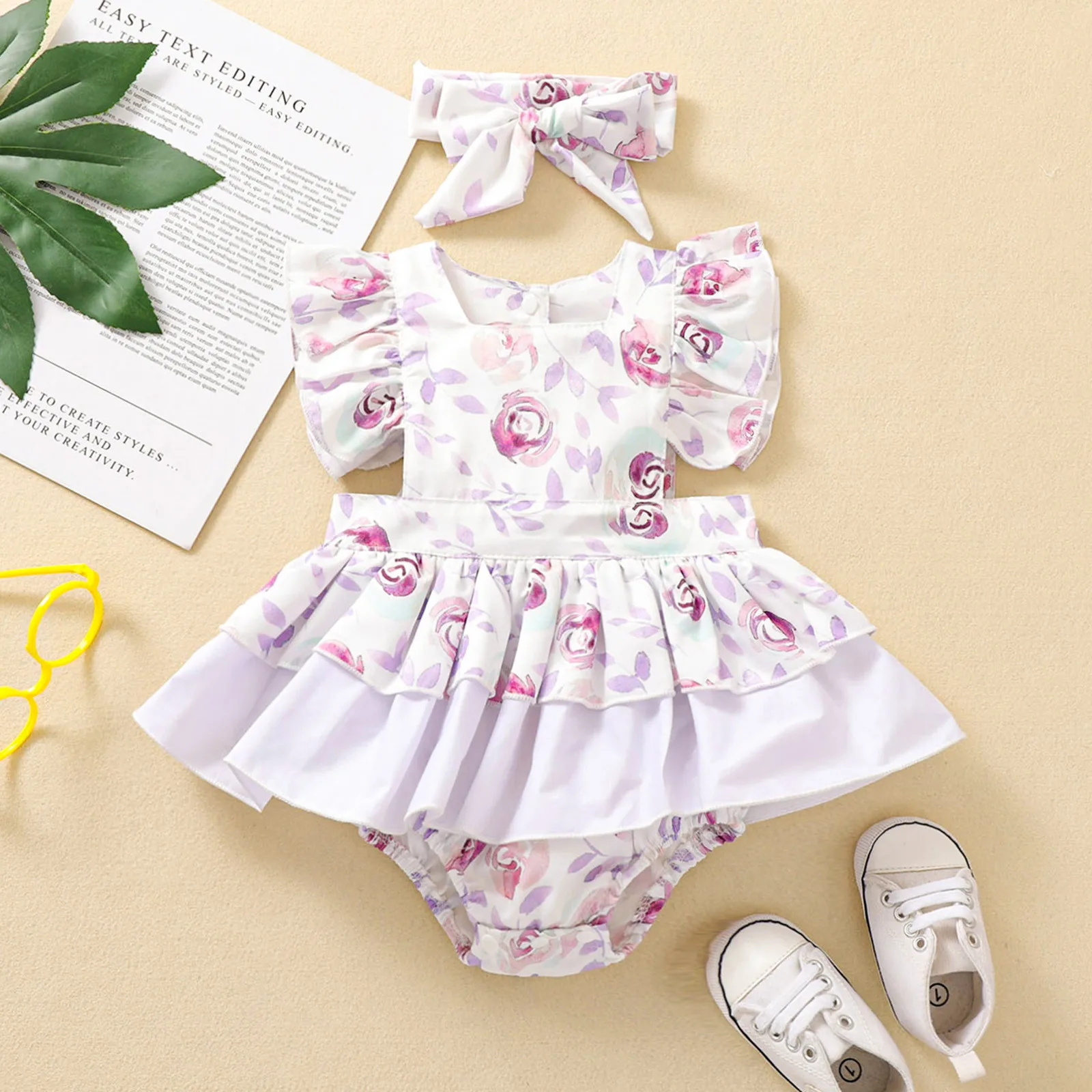 

Newborn Infant Baby Girls Falbala Ruffle Flower Print Romper Headbands Outfits vetement fille ropa niÃ±a meisjes kleding