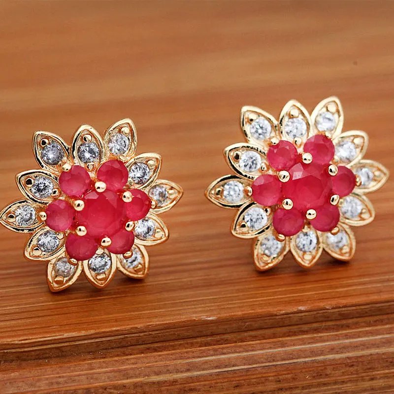 Women Luxury Trendy Jewelry Lotus Flower Earrings Fashion Bohemian Vocation Style Red Zircon Small Stud Accessories | Украшения и